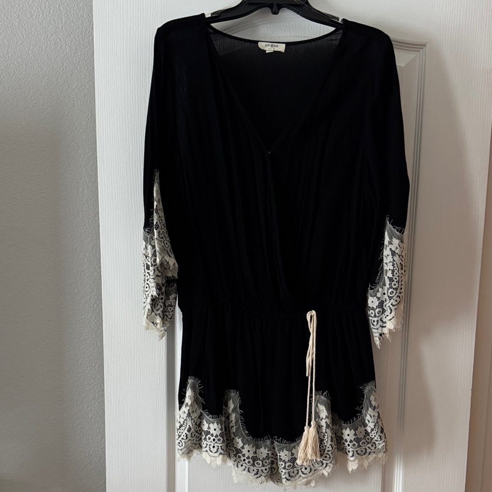 Black Romper with Lace Trim